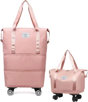 Pepepo Travel Bag with Wheels, 2025 New Large Capacity Travel Bag, Expandable and Foldable Luggage Bags, With Dry and Wet Separation Layer, Durable & Multi-functional Design (Pink)