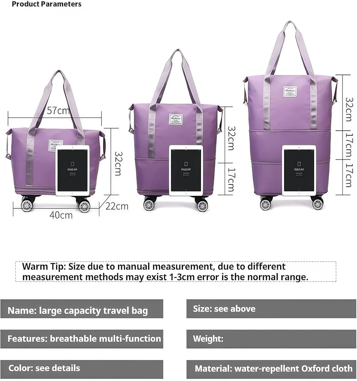 Pepepo Travel Bag with Wheels, 2025 New Large Capacity Travel Bag, Expandable and Foldable Luggage Bags, With Dry and Wet Separation Layer, Durable & Multi-functional Design (Pink)
