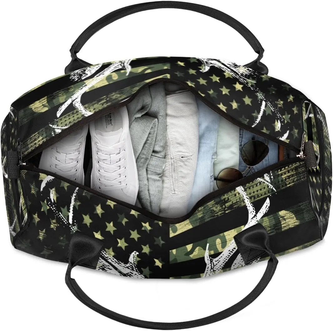 Personalized American Flag Elks Travel Duffel Bag with Name, Custom Gym Sport Bag Retro Camouflage Carry On Weekend Overnight Duffel Bag for Men Women