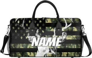 Personalized American Flag Elks Travel Duffel Bag with Name, Custom Gym Sport Bag Retro Camouflage Carry On Weekend Overnight Duffel Bag for Men Women