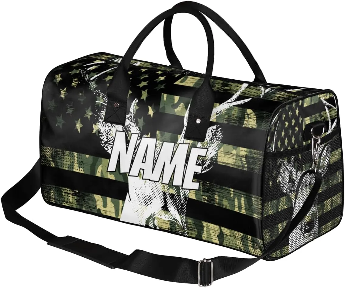 Personalized American Flag Elks Travel Duffel Bag with Name, Custom Gym Sport Bag Retro Camouflage Carry On Weekend Overnight Duffel Bag for Men Women