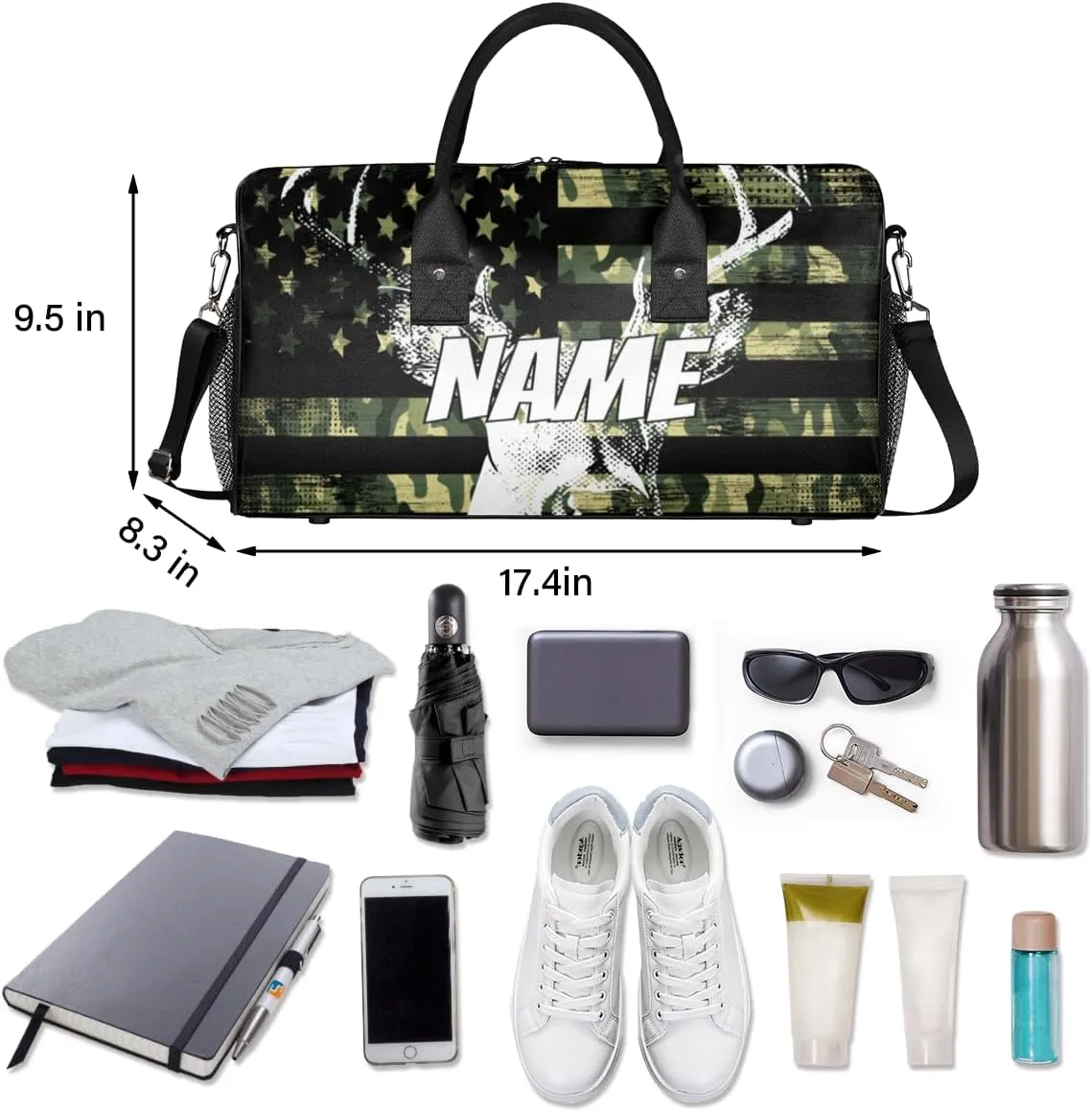 Personalized American Flag Elks Travel Duffel Bag with Name, Custom Gym Sport Bag Retro Camouflage Carry On Weekend Overnight Duffel Bag for Men Women