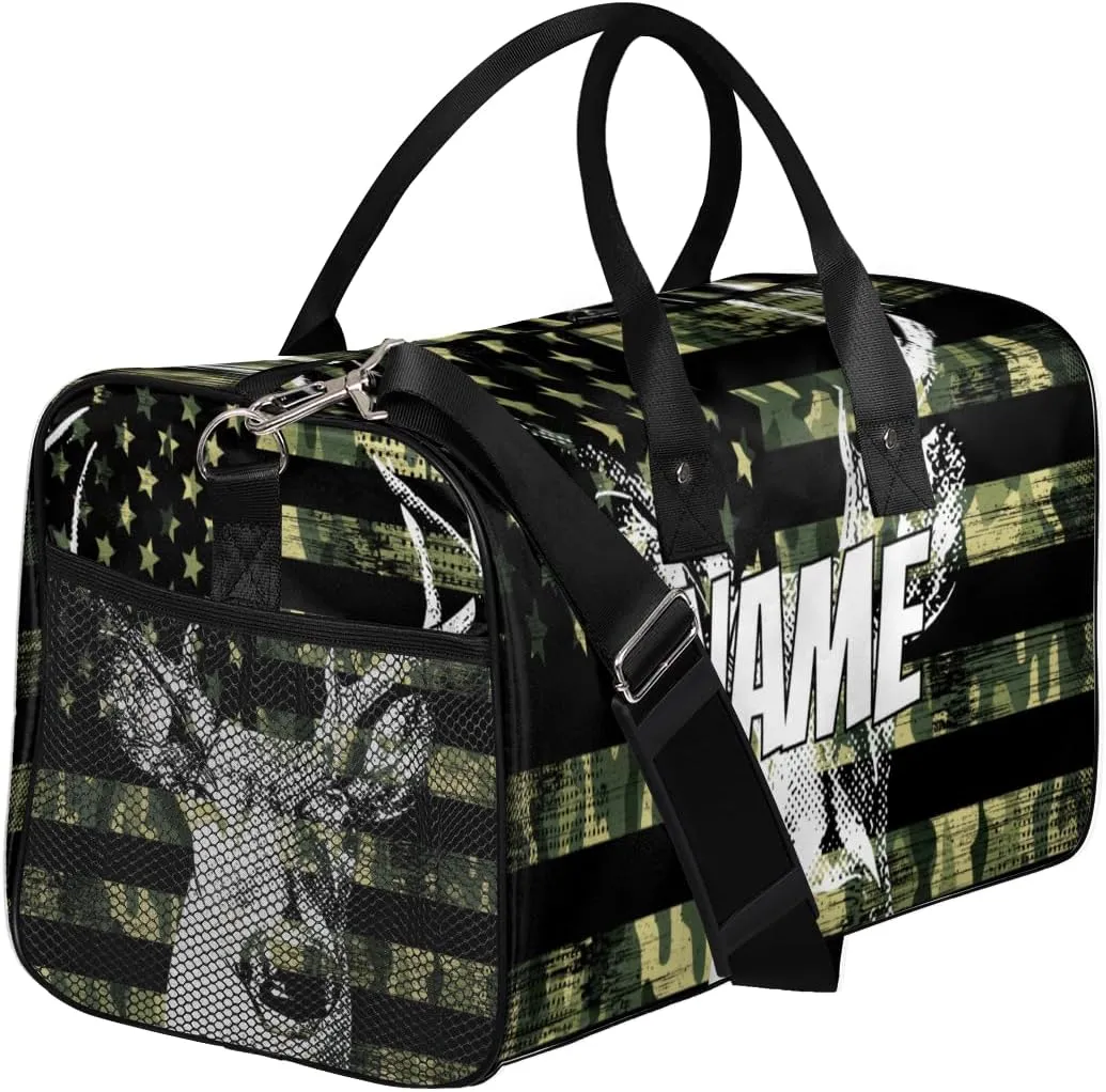 Personalized American Flag Elks Travel Duffel Bag with Name, Custom Gym Sport Bag Retro Camouflage Carry On Weekend Overnight Duffel Bag for Men Women