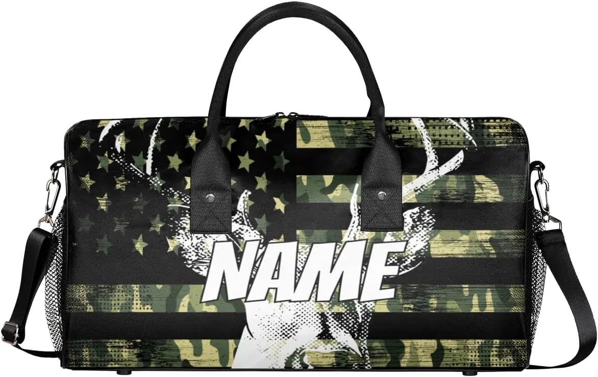 Personalized American Flag Elks Travel Duffel Bag with Name, Custom Gym Sport Bag Retro Camouflage Carry On Weekend Overnight Duffel Bag for Men Women