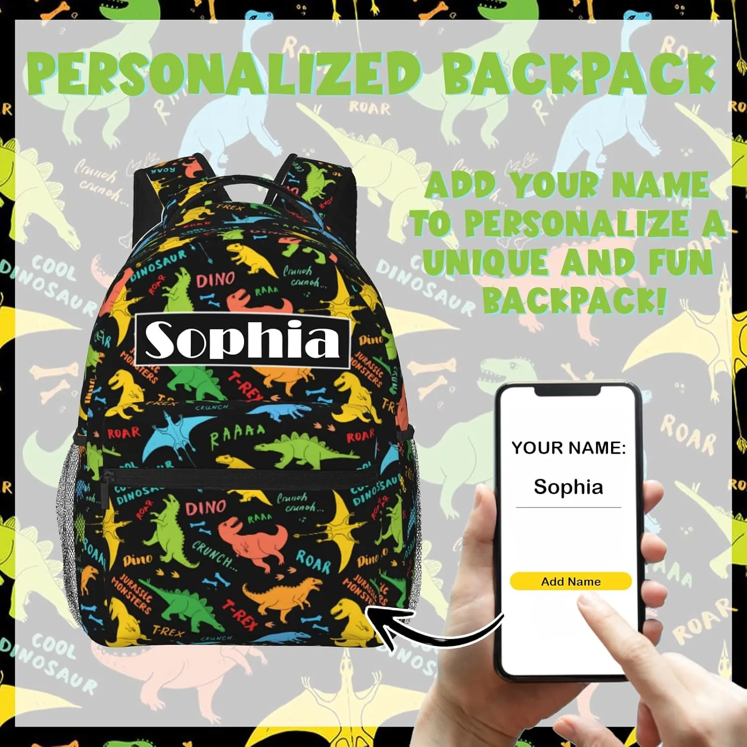 Personalized Backpack for Girls Boys, Custom Backpacks with Name for Kids, Customized Dinosaur School Bookbag for Back to School Travel Picnic 16in
