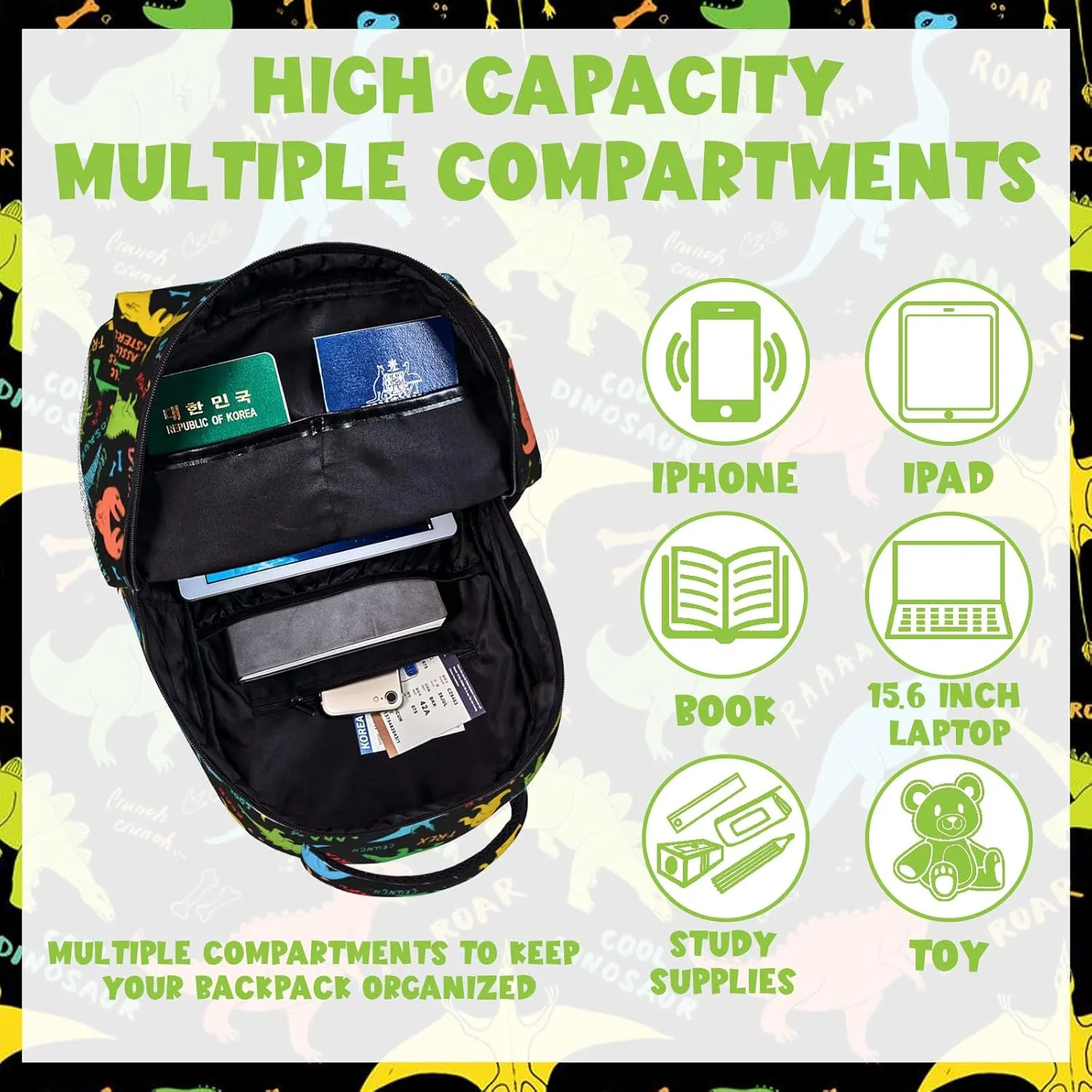 Personalized Backpack for Girls Boys, Custom Backpacks with Name for Kids, Customized Dinosaur School Bookbag for Back to School Travel Picnic 16in