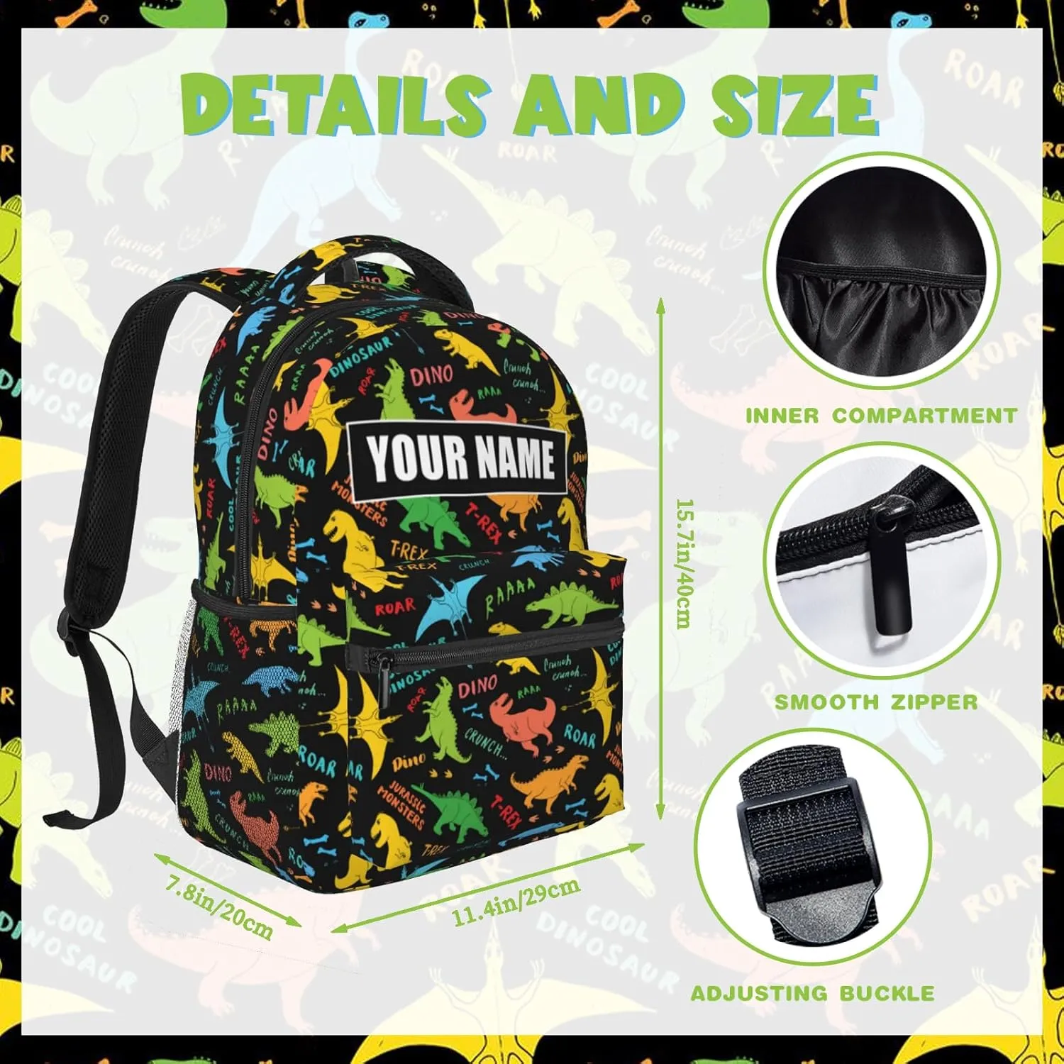 Personalized Backpack for Girls Boys, Custom Backpacks with Name for Kids, Customized Dinosaur School Bookbag for Back to School Travel Picnic 16in