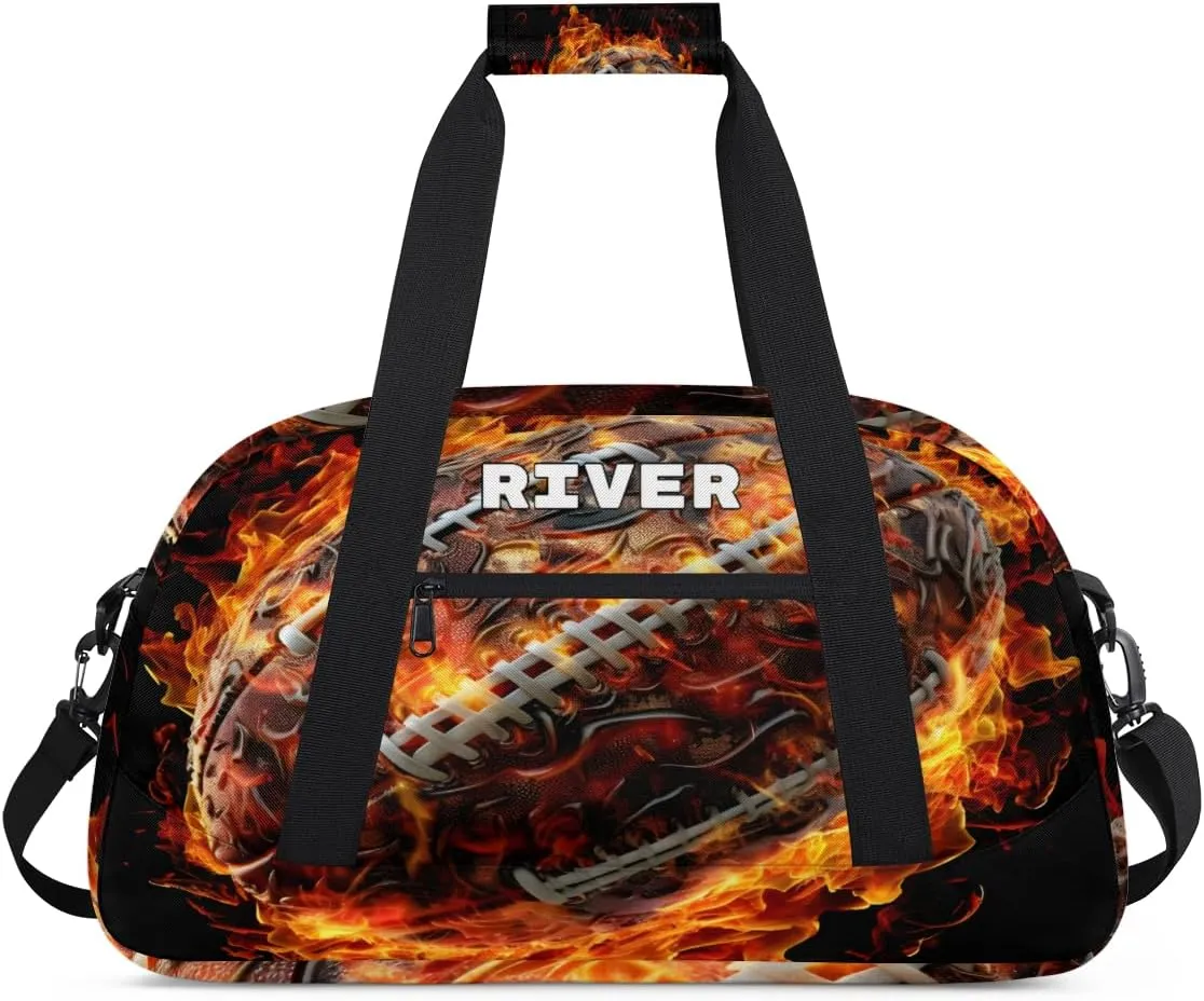 Personalized Ball Girls Women Sports Gym Bag, Custom Training Bag Customized Travel Duffel Basketball Hiking Swimming Bag with Name or Text Football with Fire