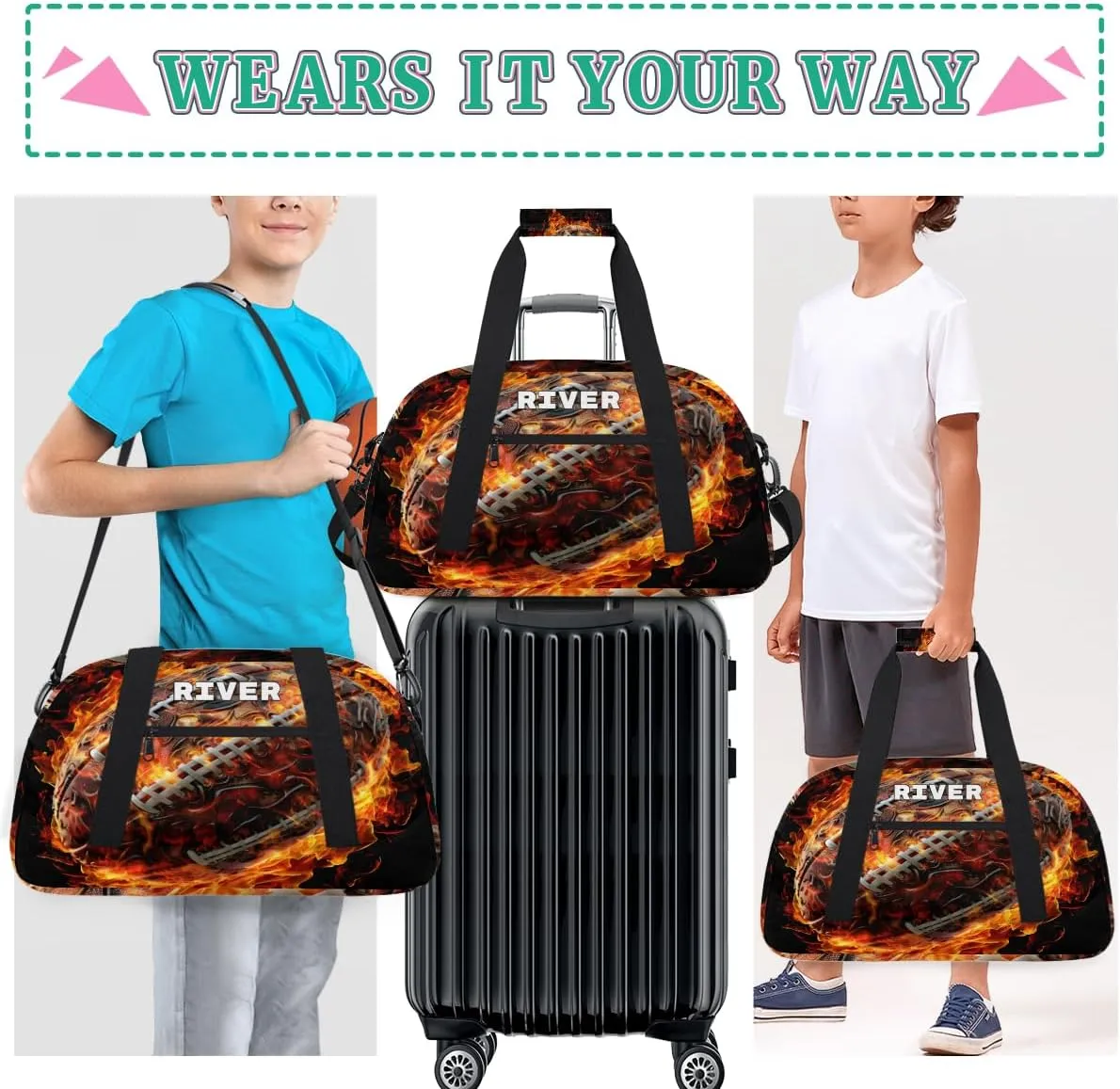 Personalized Ball Girls Women Sports Gym Bag, Custom Training Bag Customized Travel Duffel Basketball Hiking Swimming Bag with Name or Text Football with Fire