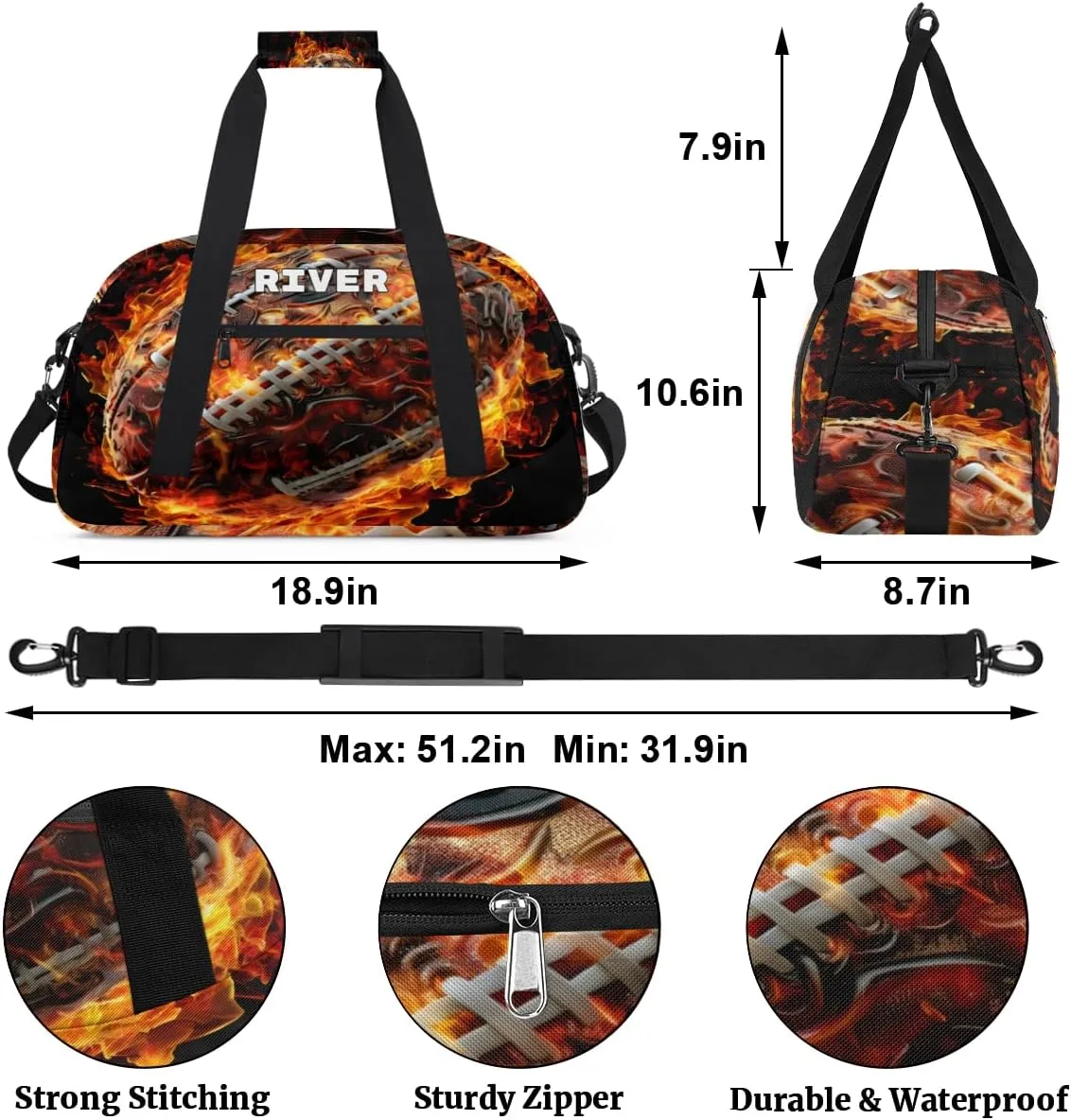 Personalized Ball Girls Women Sports Gym Bag, Custom Training Bag Customized Travel Duffel Basketball Hiking Swimming Bag with Name or Text Football with Fire