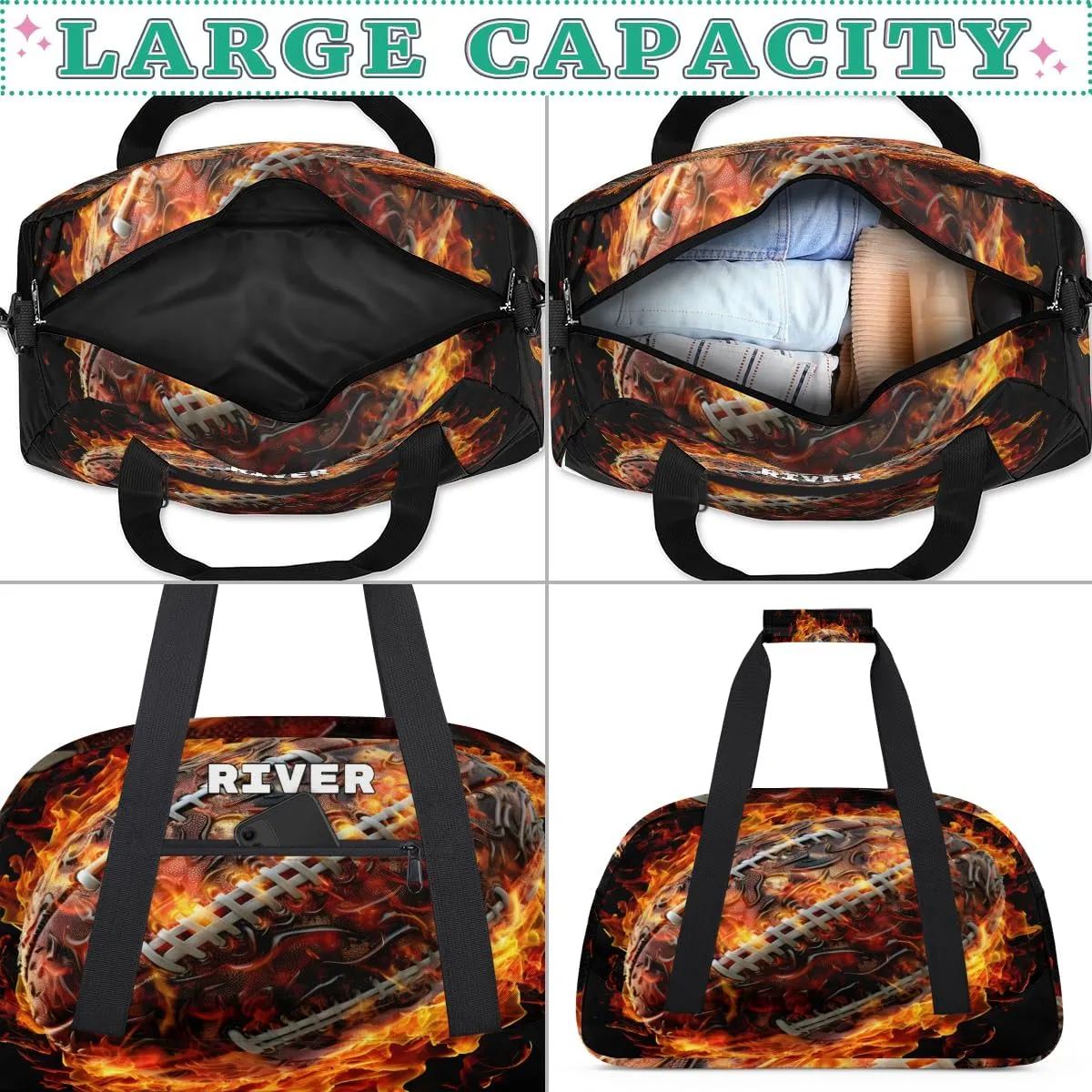 Personalized Ball Girls Women Sports Gym Bag, Custom Training Bag Customized Travel Duffel Basketball Hiking Swimming Bag with Name or Text Football with Fire