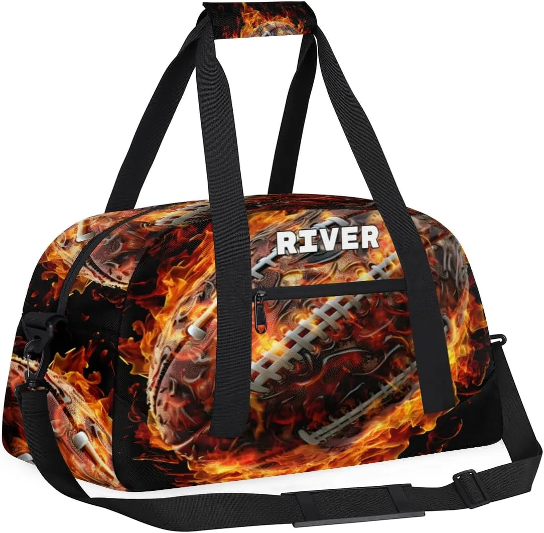 Personalized Ball Girls Women Sports Gym Bag, Custom Training Bag Customized Travel Duffel Basketball Hiking Swimming Bag with Name or Text Football with Fire