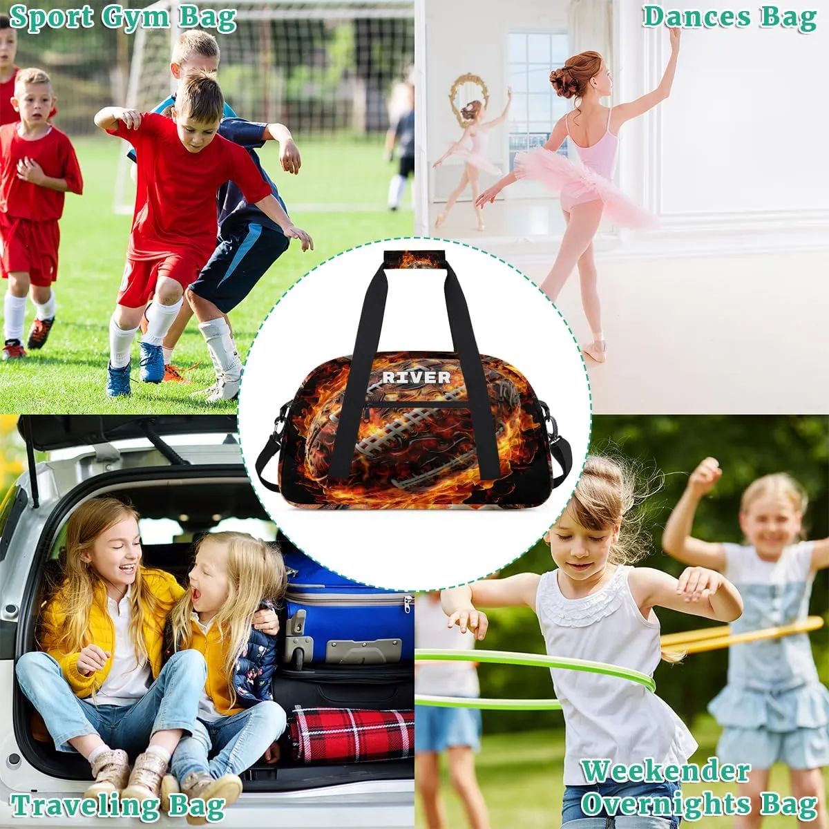 Personalized Ball Girls Women Sports Gym Bag, Custom Training Bag Customized Travel Duffel Basketball Hiking Swimming Bag with Name or Text Football with Fire