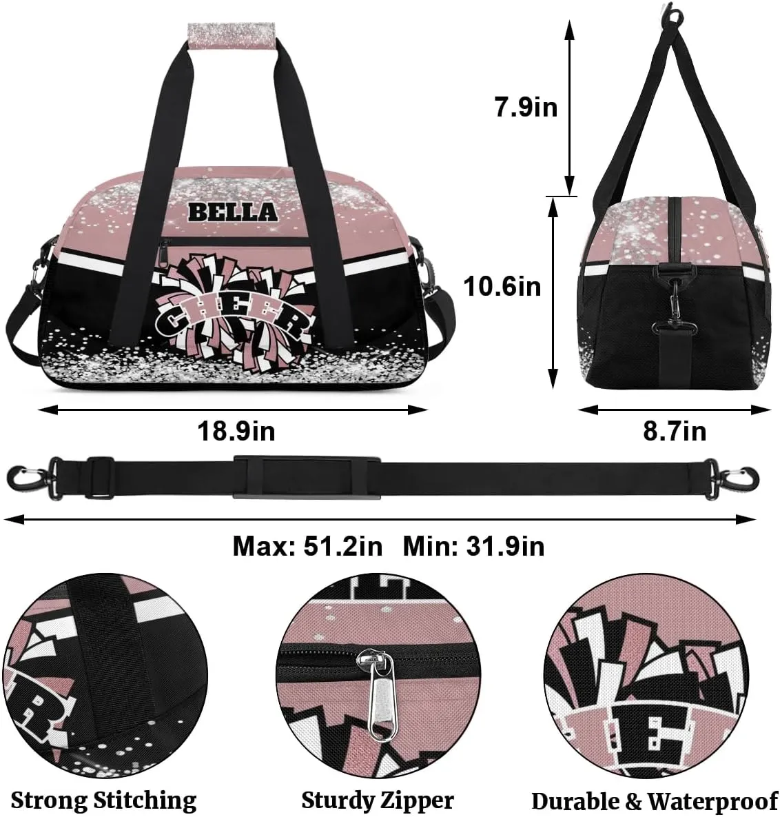 Personalized Cheer Bag Dance Bag for Girl, Custom Gym Bag Sport Duffel Bag, Weekender Bags Travel Duffel Bag Rose Gold Glam, Option 1