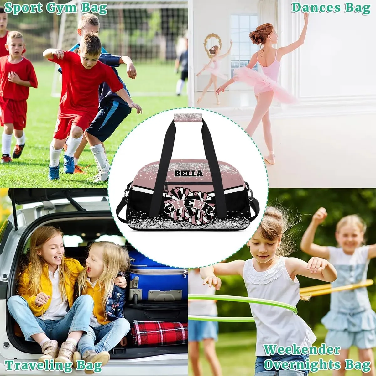 Personalized Cheer Bag Dance Bag for Girl, Custom Gym Bag Sport Duffel Bag, Weekender Bags Travel Duffel Bag Rose Gold Glam, Option 1