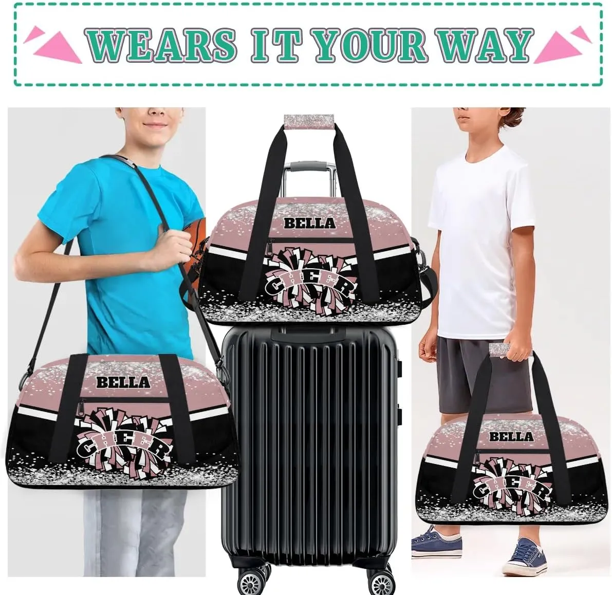 Personalized Cheer Bag Dance Bag for Girl, Custom Gym Bag Sport Duffel Bag, Weekender Bags Travel Duffel Bag Rose Gold Glam, Option 1