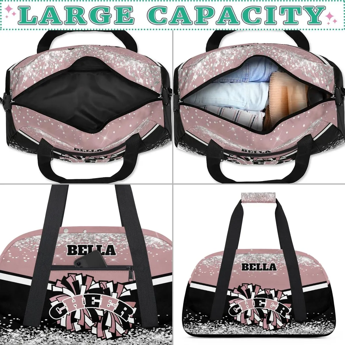 Personalized Cheer Bag Dance Bag for Girl, Custom Gym Bag Sport Duffel Bag, Weekender Bags Travel Duffel Bag Rose Gold Glam, Option 1
