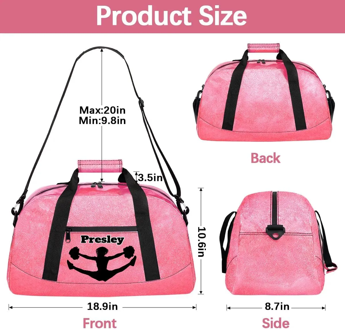 Personalized Cheerleader Bag for Girls, Custom Name Sports Duffel Gym Dance Bag Overnight Weekender Sleepover Pink Glittering Effect PU Bag Travel Perform Cheerleading Bag