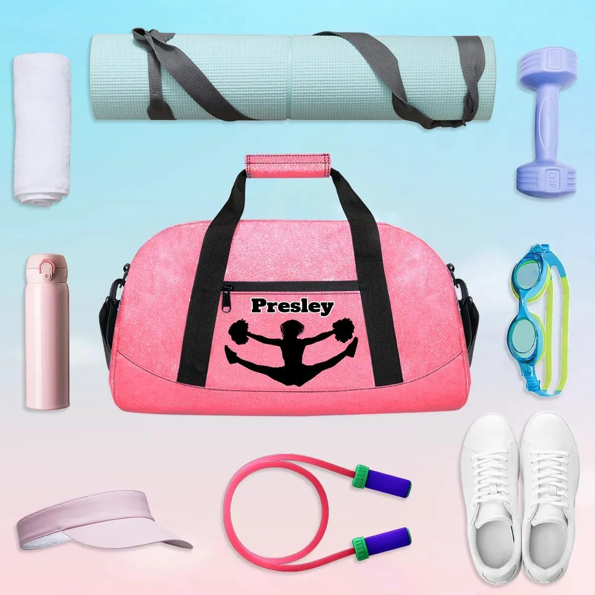 Personalized Cheerleader Bag for Girls, Custom Name Sports Duffel Gym Dance Bag Overnight Weekender Sleepover Pink Glittering Effect PU Bag Travel Perform Cheerleading Bag