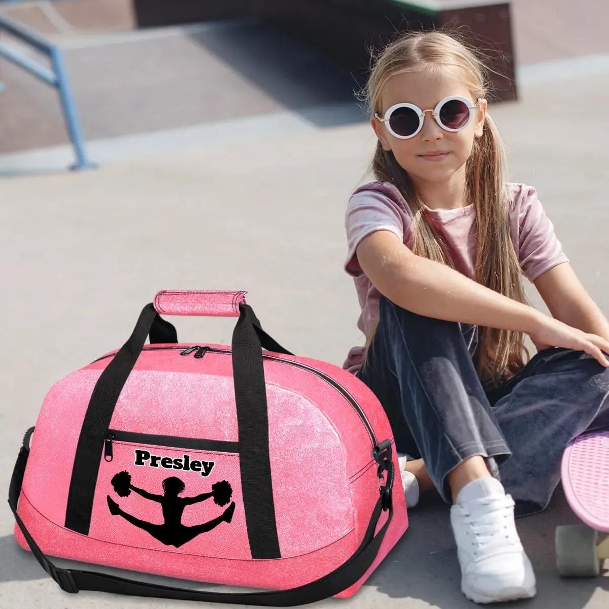 Personalized Cheerleader Bag for Girls, Custom Name Sports Duffel Gym Dance Bag Overnight Weekender Sleepover Pink Glittering Effect PU Bag Travel Perform Cheerleading Bag