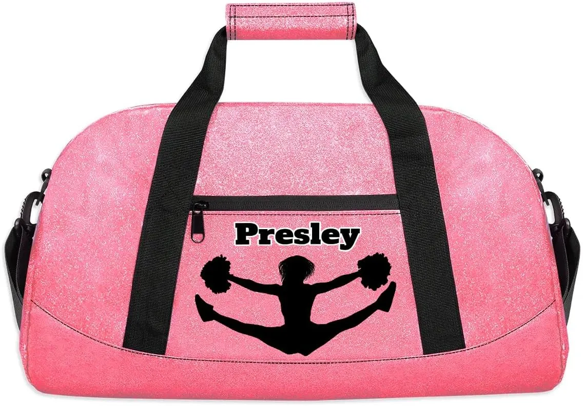 Personalized Cheerleader Bag for Girls, Custom Name Sports Duffel Gym Dance Bag Overnight Weekender Sleepover Pink Glittering Effect PU Bag Travel Perform Cheerleading Bag