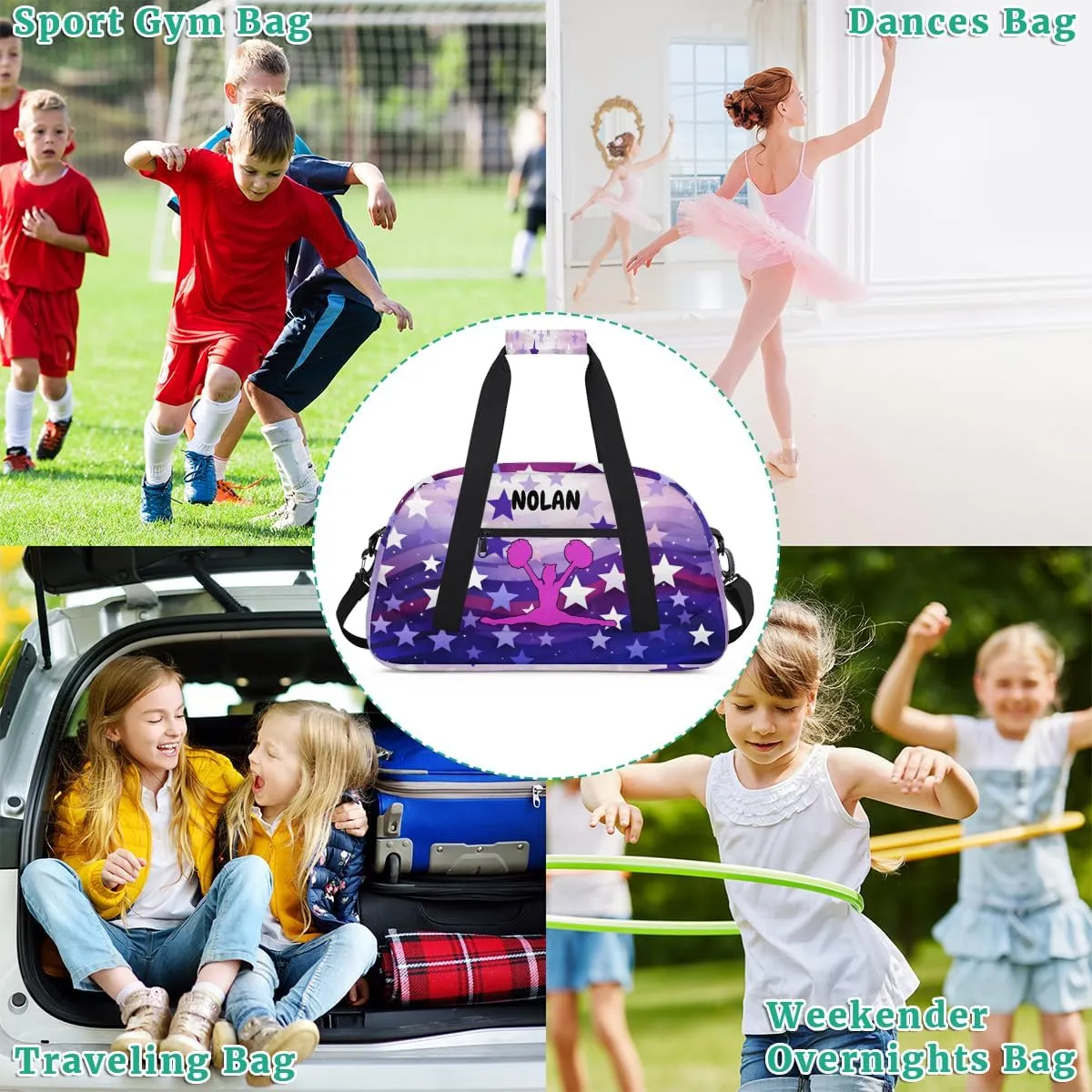 Personalized Cheerleading Bag for Girls Teens, Custom Sports Gym Bag Name Ranked Overnight Duffel Bag for Practice Gymnastics Ballet Bag, Purple Stars Cheer Girls