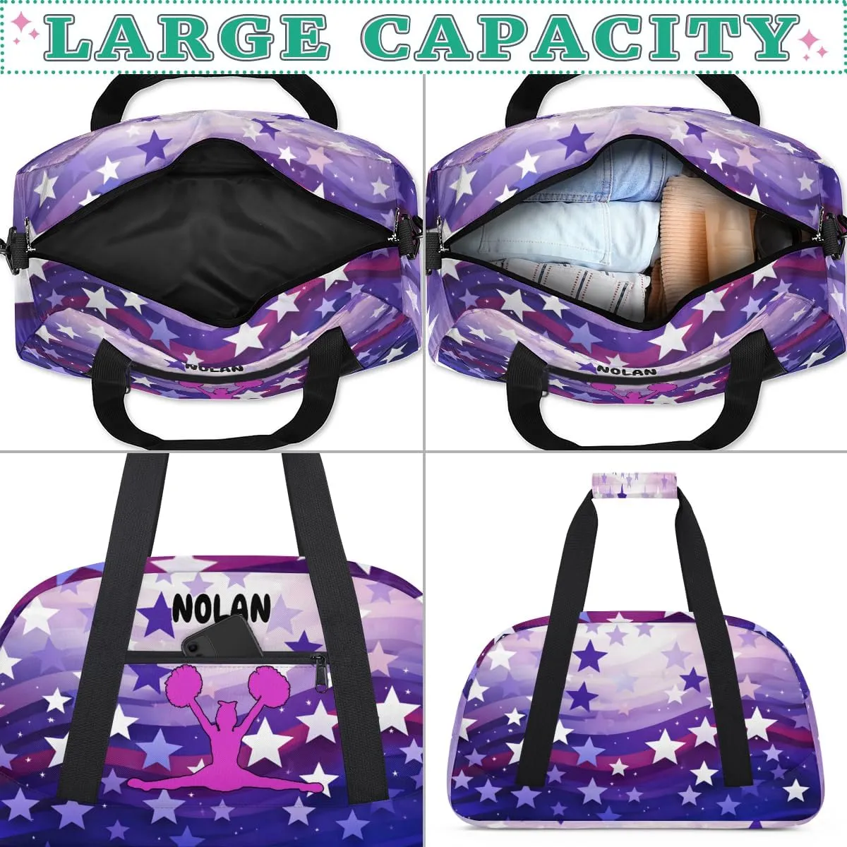 Personalized Cheerleading Bag for Girls Teens, Custom Sports Gym Bag Name Ranked Overnight Duffel Bag for Practice Gymnastics Ballet Bag, Purple Stars Cheer Girls