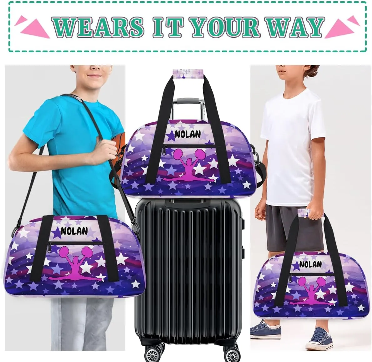 Personalized Cheerleading Bag for Girls Teens, Custom Sports Gym Bag Name Ranked Overnight Duffel Bag for Practice Gymnastics Ballet Bag, Purple Stars Cheer Girls