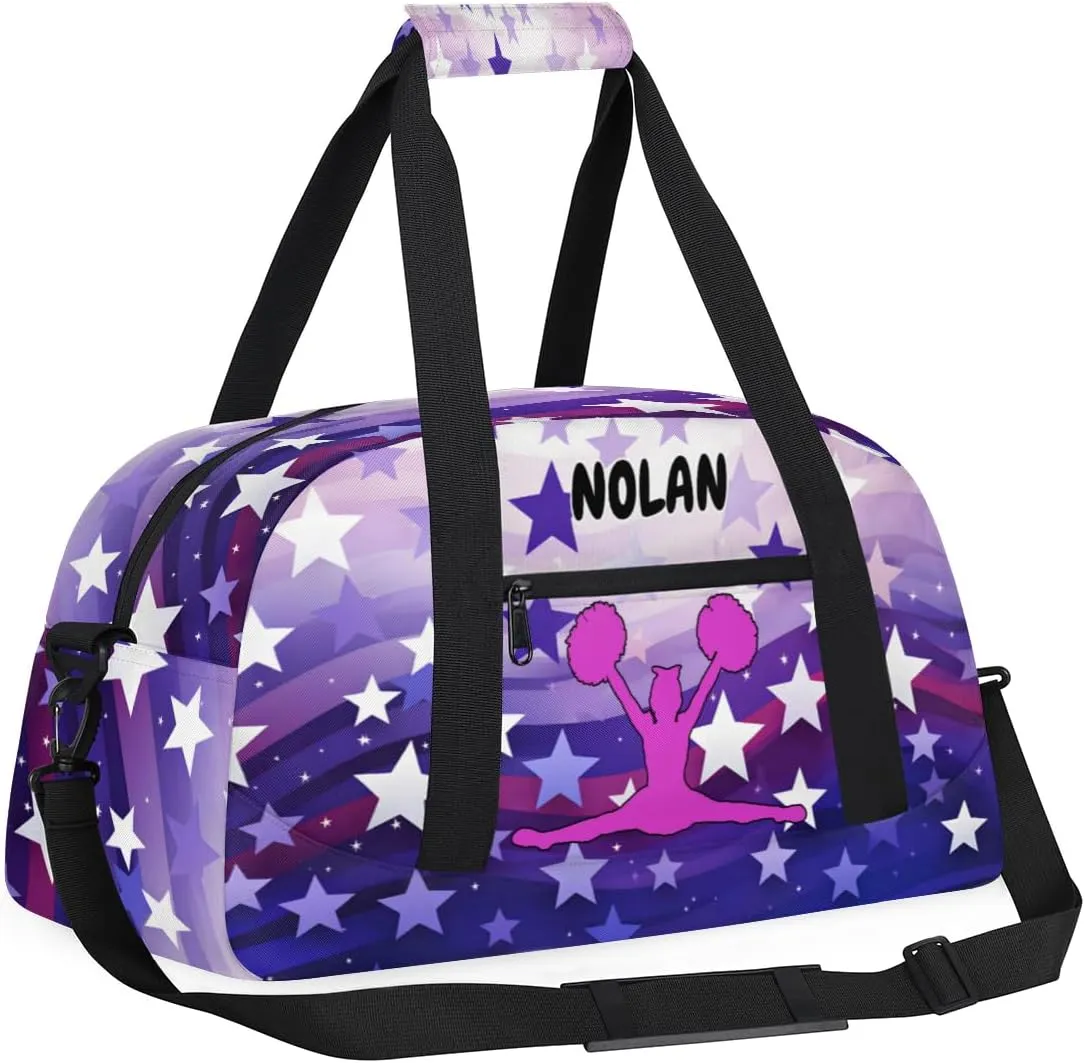 Personalized Cheerleading Bag for Girls Teens, Custom Sports Gym Bag Name Ranked Overnight Duffel Bag for Practice Gymnastics Ballet Bag, Purple Stars Cheer Girls