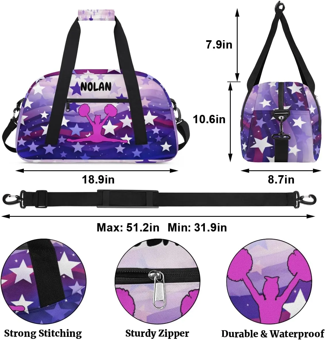 Personalized Cheerleading Bag for Girls Teens, Custom Sports Gym Bag Name Ranked Overnight Duffel Bag for Practice Gymnastics Ballet Bag, Purple Stars Cheer Girls