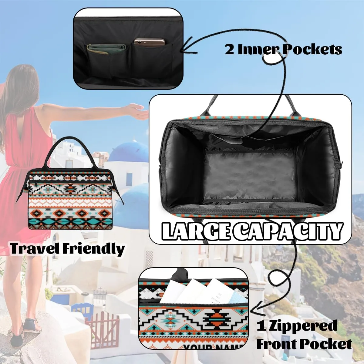 Personalized Custom Duffel Bags for Women Men, Personalized Customized Travel Duffel Bag, Waterproof Sports Gym Bag Weekender Overnight Bag Carry On Tote Bag, Colorful Ethnic Aztec Geometric