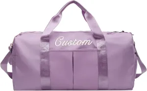 Personalized Duffel Bag Custom Embroidered Gym Bag Travel Sports Duffel Bags with Compartment for Shoes Wet Dry Clothes Weekender Bag Overnight Bag for Women Men, Purple, 19.3x9.4x9.8inch