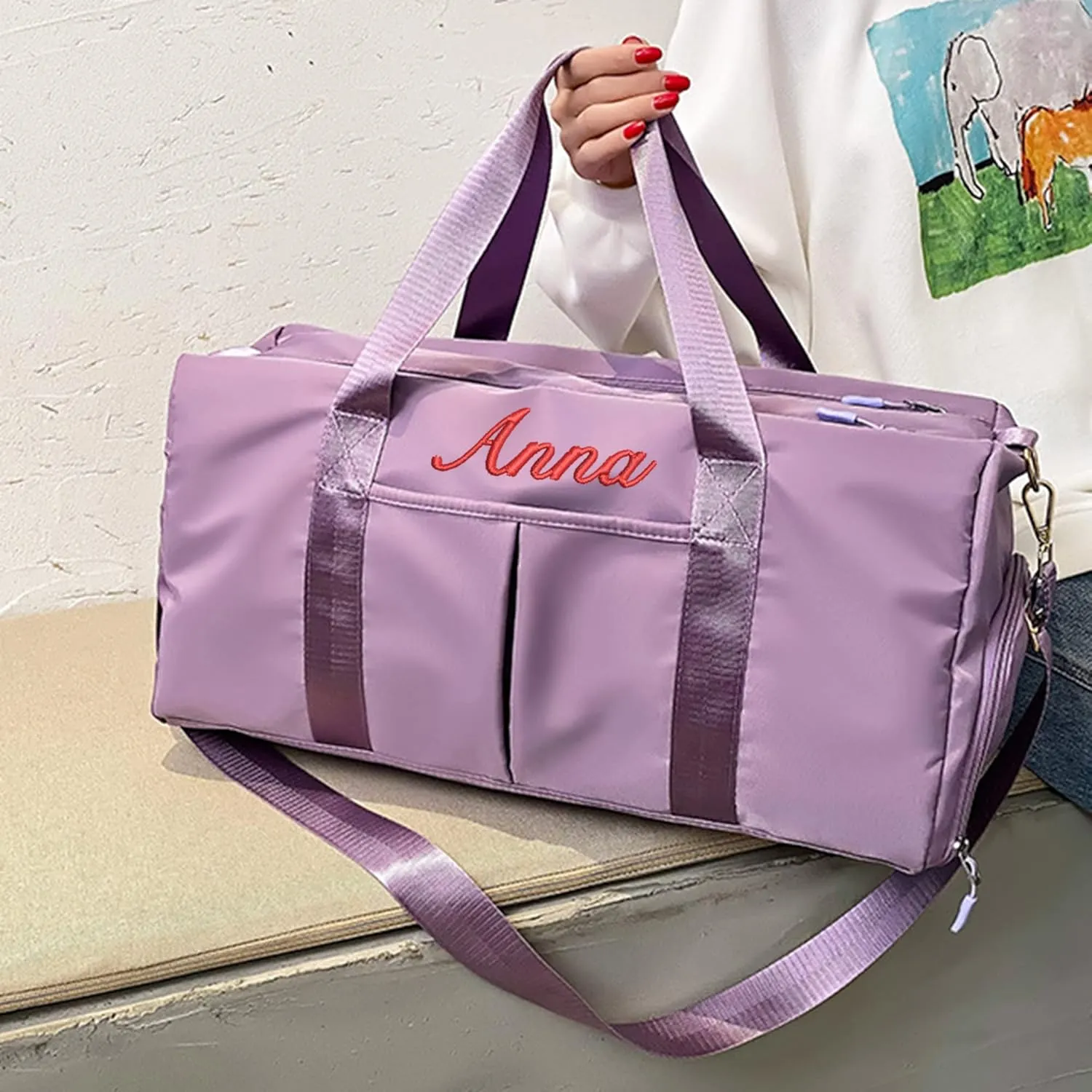 Personalized Duffel Bag Custom Embroidered Gym Bag Travel Sports Duffel Bags with Compartment for Shoes Wet Dry Clothes Weekender Bag Overnight Bag for Women Men, Purple, 19.3x9.4x9.8inch