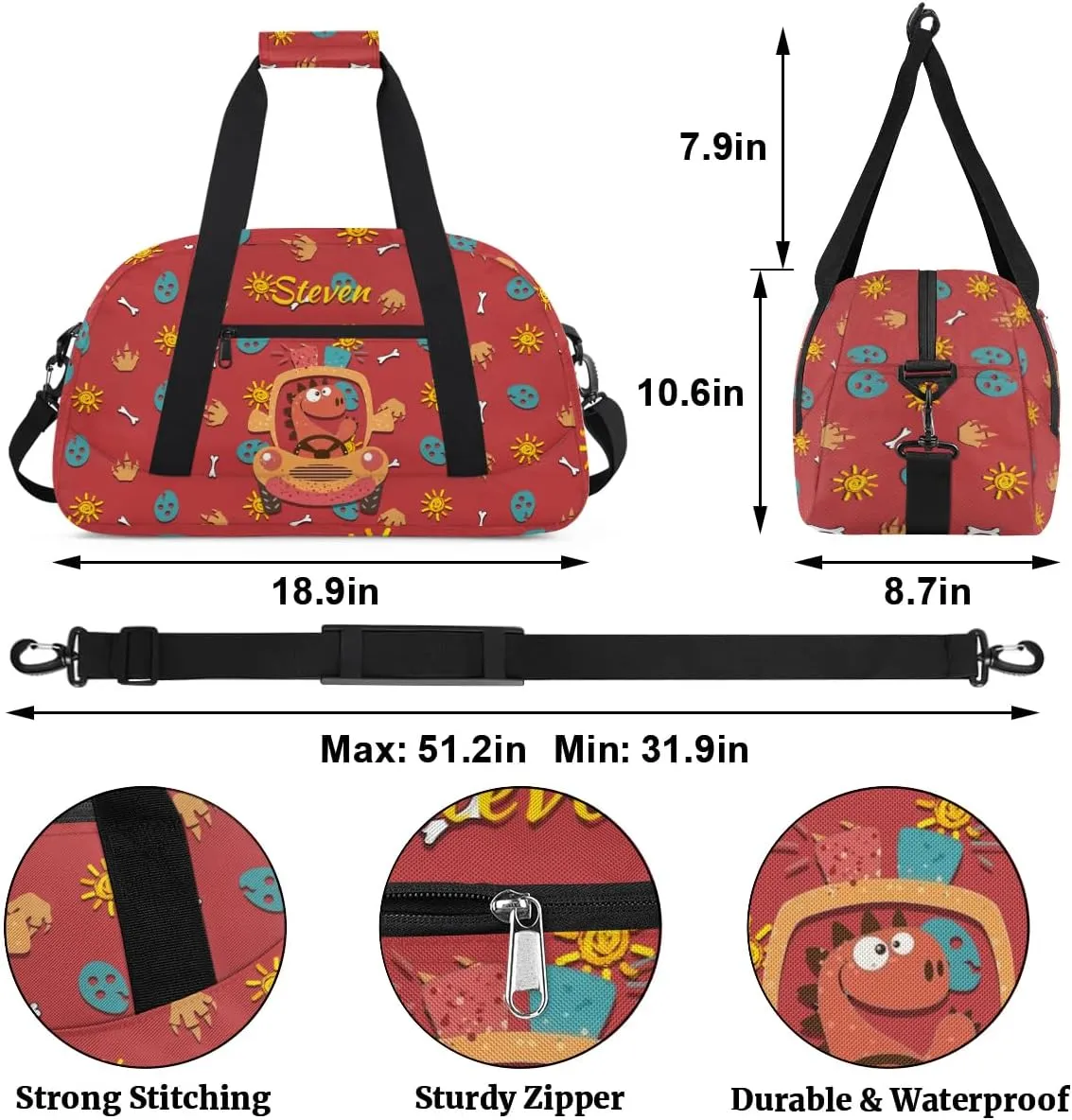 Personalized Duffel Bag for Kids Girls Boys, Dinosaur Police Car Custom Name Gym Bag Overnight with Padded Handles Carry On Weekend Sports Travel Bag for School Practice Gymnastics Ballet