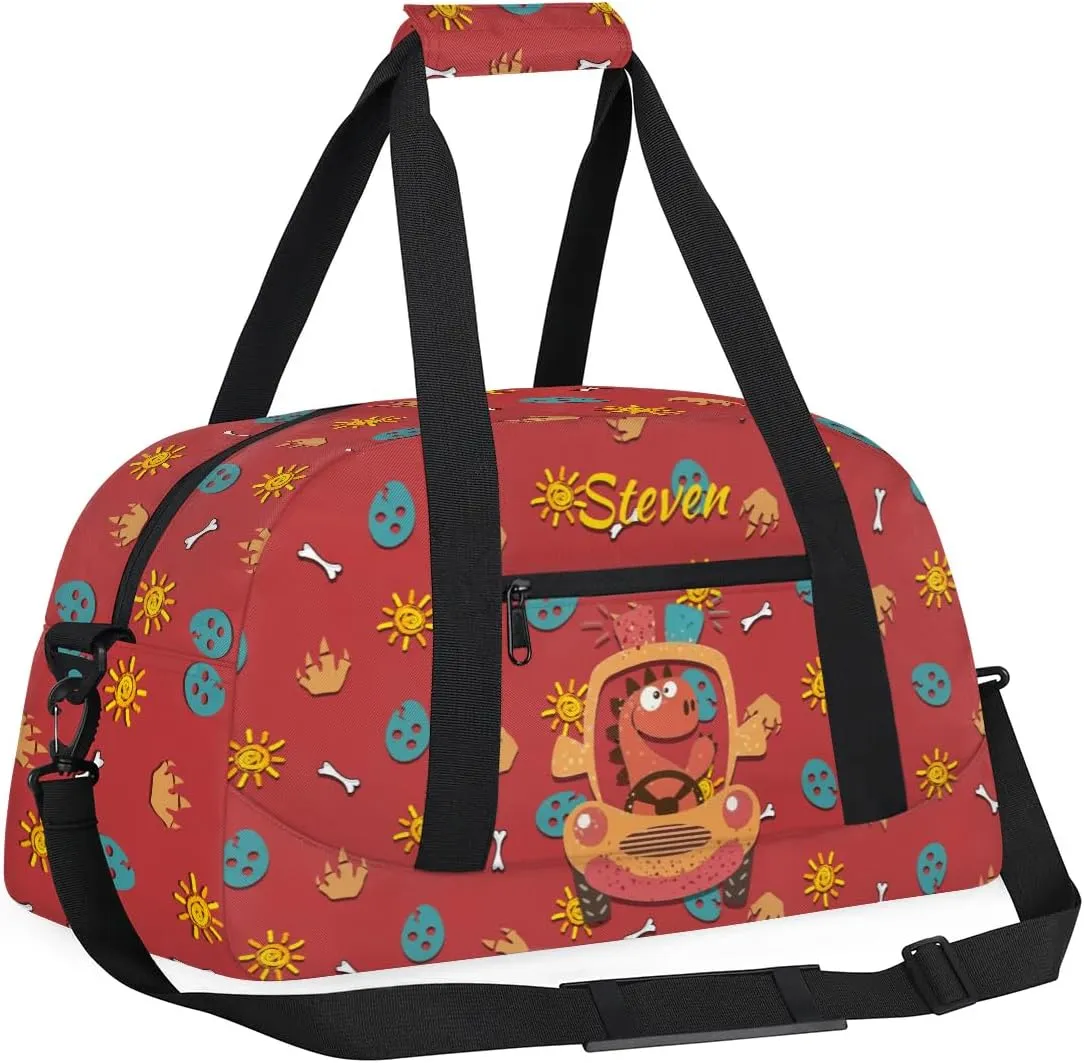 Personalized Duffel Bag for Kids Girls Boys, Dinosaur Police Car Custom Name Gym Bag Overnight with Padded Handles Carry On Weekend Sports Travel Bag for School Practice Gymnastics Ballet