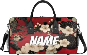 Personalized Floral Blossom Travel Duffel Bag with Name, Custom Gym Sport Bag Retro Cherry Carry On Weekend Overnight Duffel Bag for Men Women