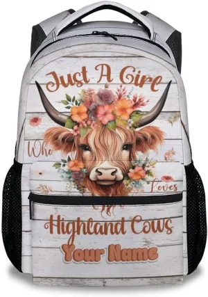 Personalized Girls Backpack - 17 Inch Large Capacity Highland Cow Bookbag - Lightweight Kids' Backpacks for Elementary, Preschool & Travel