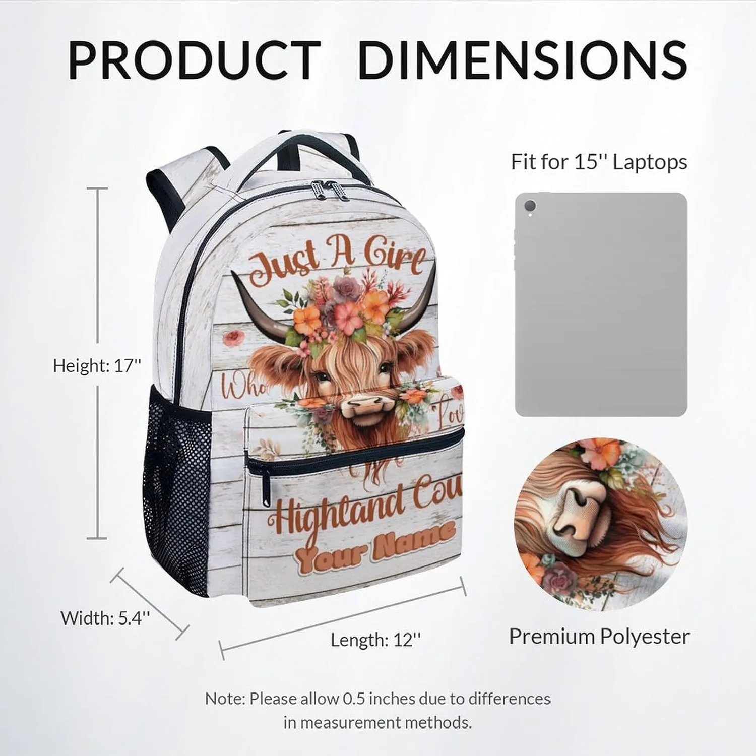 Personalized Girls Backpack - 17 Inch Large Capacity Highland Cow Bookbag - Lightweight Kids' Backpacks for Elementary, Preschool & Travel
