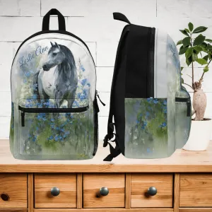 Personalized Gray Mare Backpack - Watercolor Art Horse & Blue Wildflowers, Equestrian Bookbag