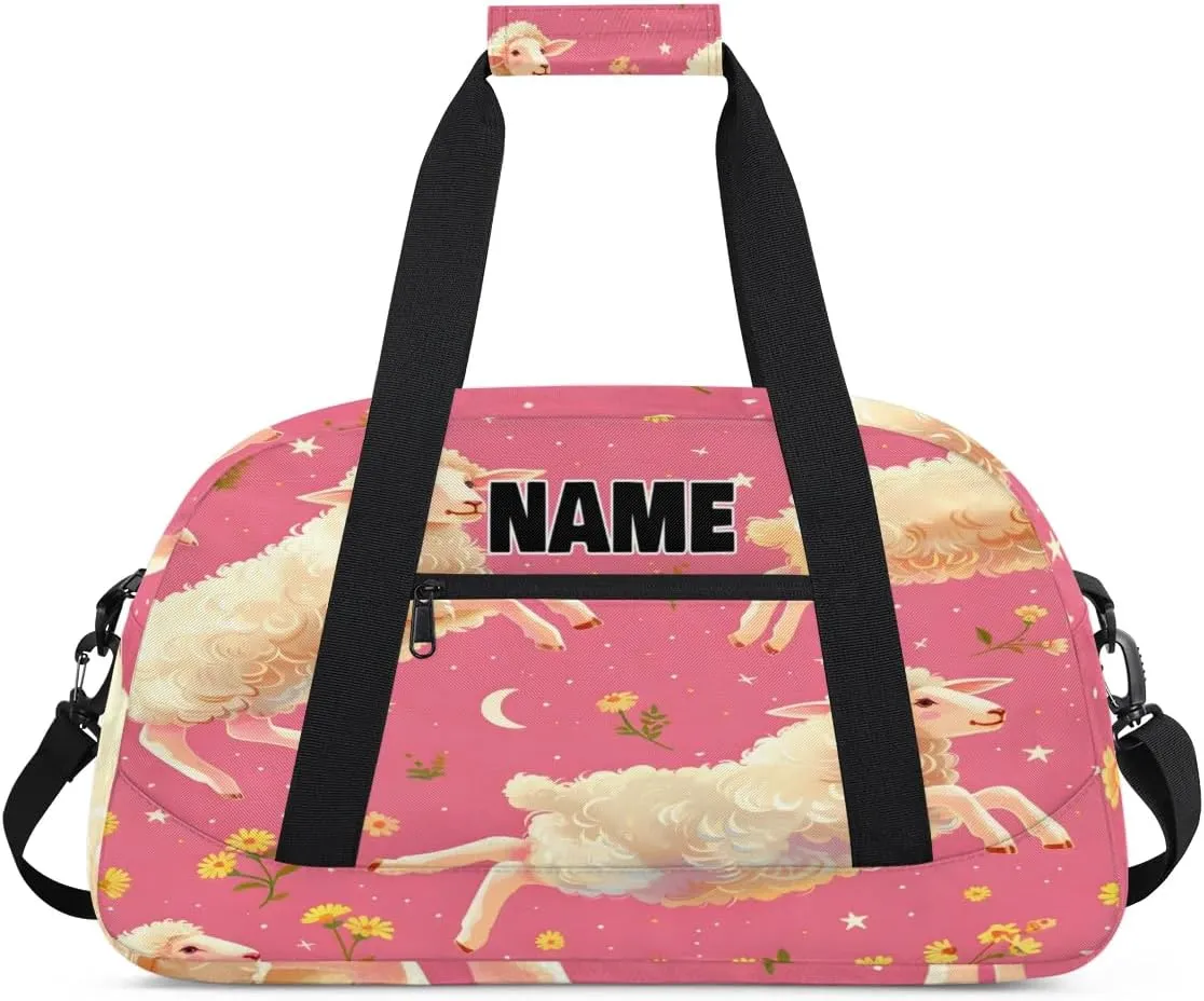 Personalized Gym Dance Bag with Name, Jumping Sheep Little Yellow Floral Custom Cheerleading Duffel Bag Travel Weekender Overnight Carry On Sleepover Bag
