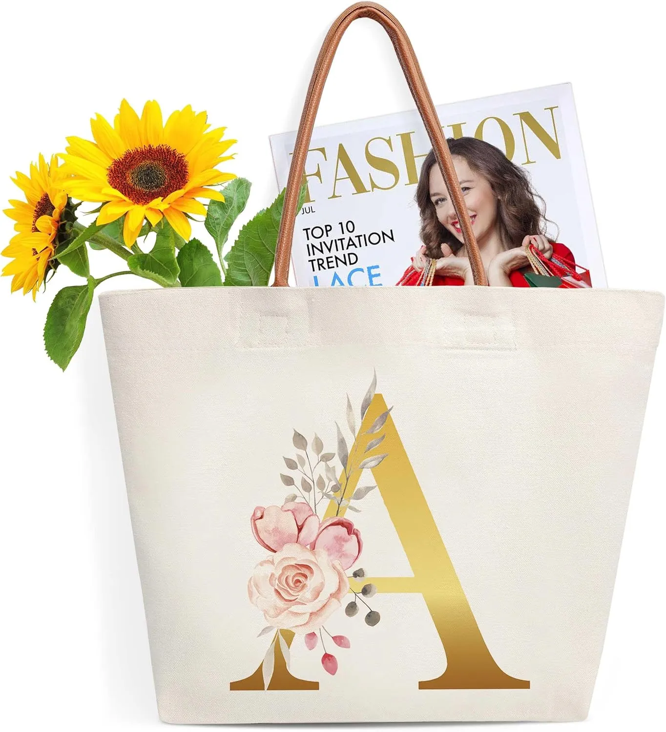 Personalized Initial Canvas Tote Bag, Bridal Shower Gifts for Bride, Birthday Gifts for Women Mom Sister, Personalized Multipurpose Shoulder Bag with Leather Handle, Durable Beach Bag Shopping Bags,A