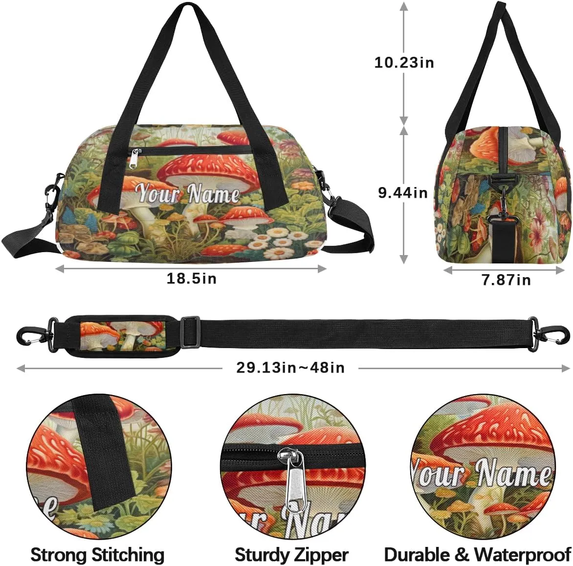 Personalized Kids Duffel Bag Wildflower Mushroom Flower Botanical,Custom Sport Gym Bag for Boys Girls,WWeekender Overnight Bags Travel Duffel Bag,Customized Kids Gift