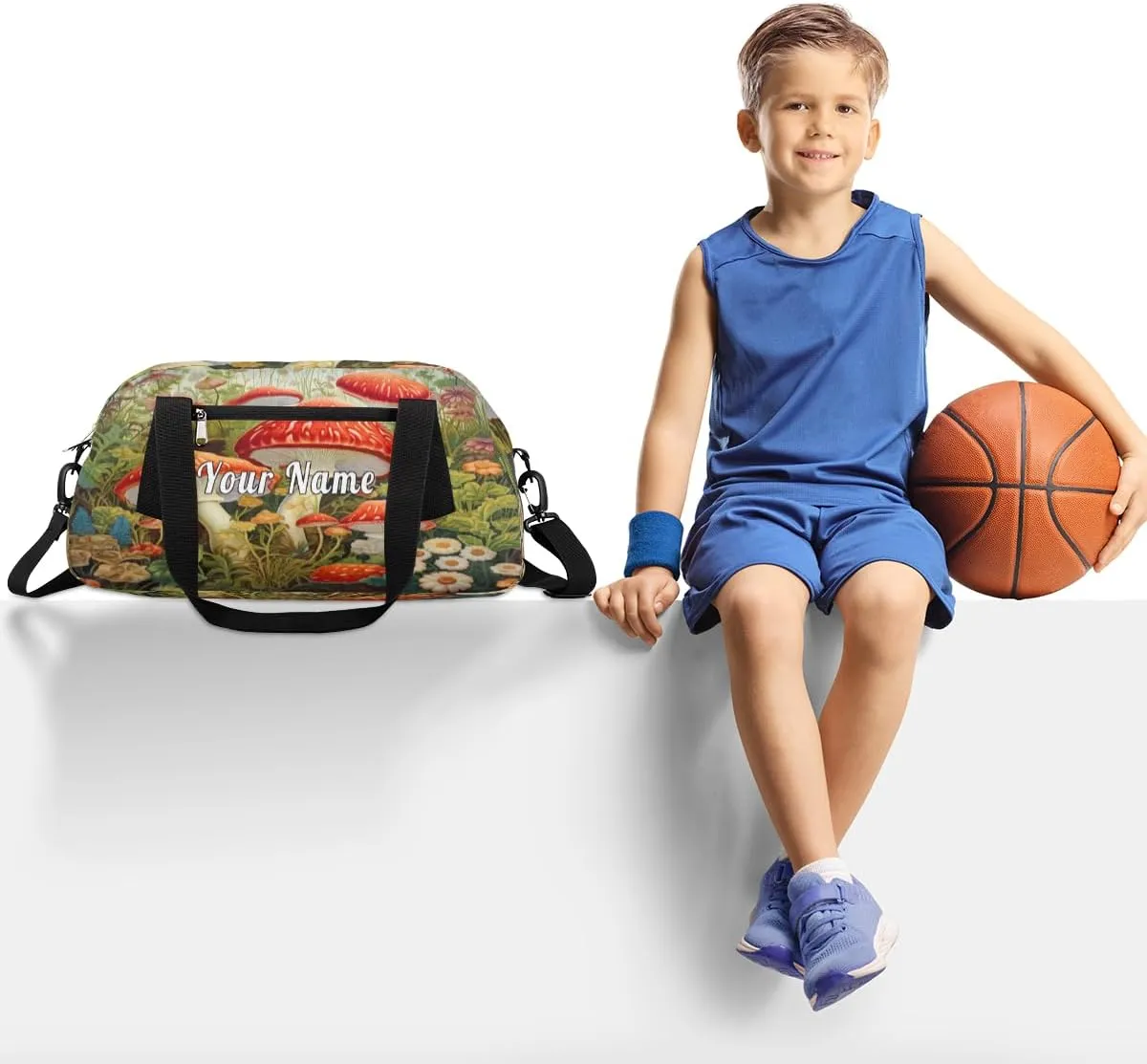 Personalized Kids Duffel Bag Wildflower Mushroom Flower Botanical,Custom Sport Gym Bag for Boys Girls,WWeekender Overnight Bags Travel Duffel Bag,Customized Kids Gift