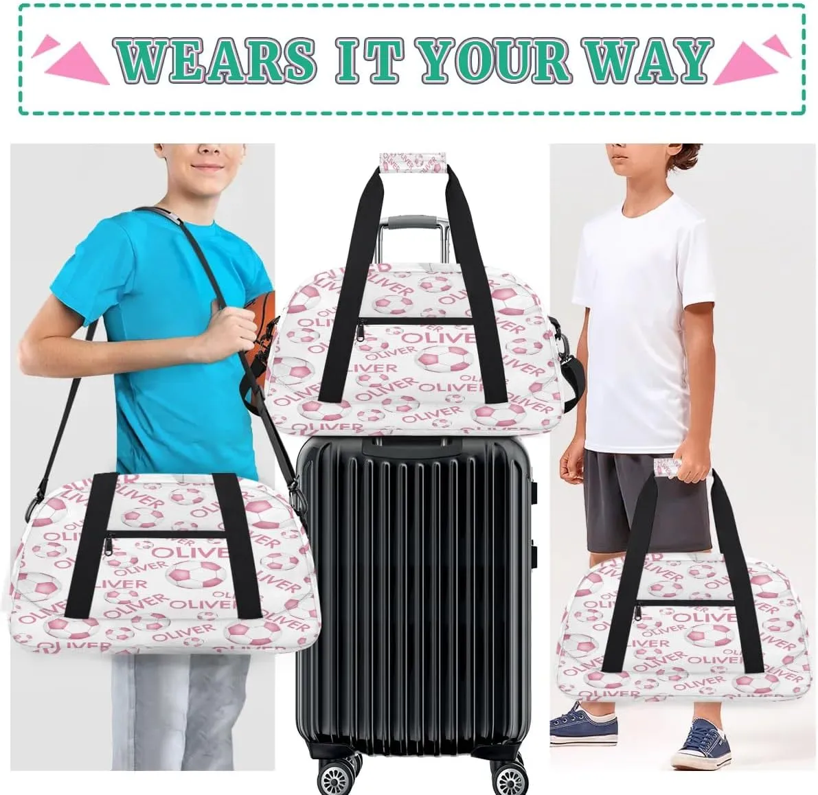 Personalized Kids Gym Bag, Custom Sport Duffel Bag, Dance Bag Weekender Bags Travel Duffel Bag for Boy & Girl Pink White Soccer