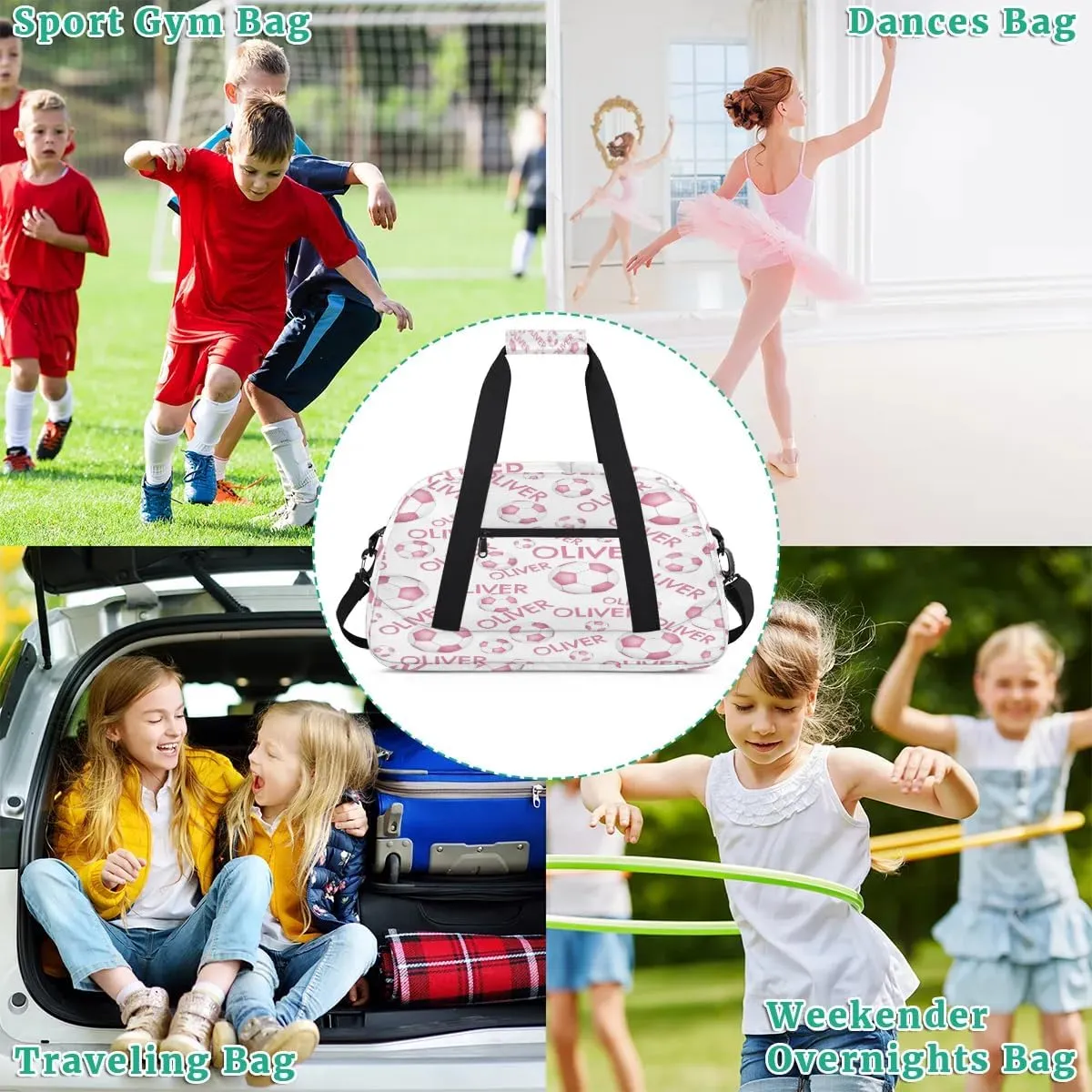 Personalized Kids Gym Bag, Custom Sport Duffel Bag, Dance Bag Weekender Bags Travel Duffel Bag for Boy & Girl Pink White Soccer