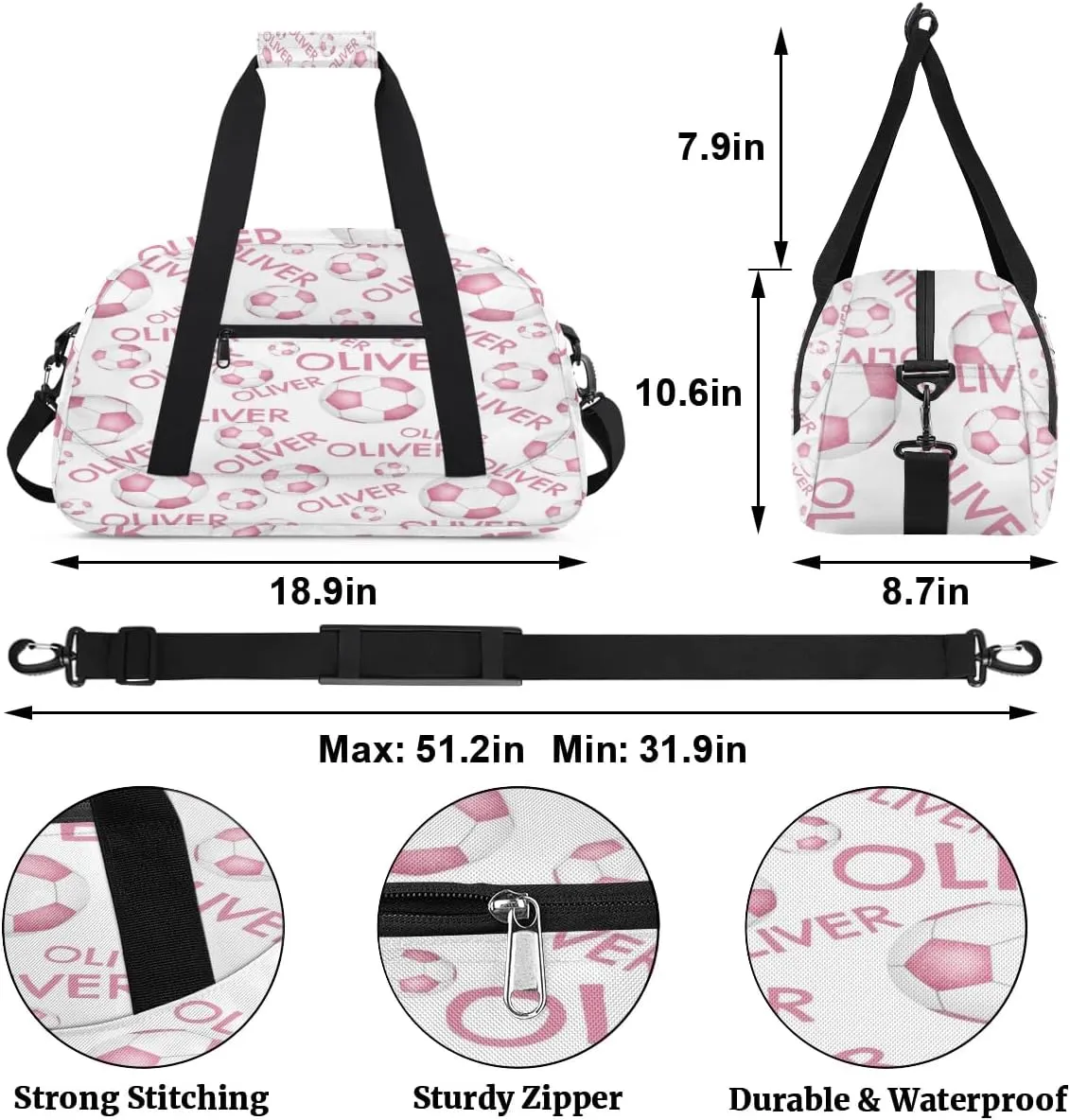 Personalized Kids Gym Bag, Custom Sport Duffel Bag, Dance Bag Weekender Bags Travel Duffel Bag for Boy & Girl Pink White Soccer