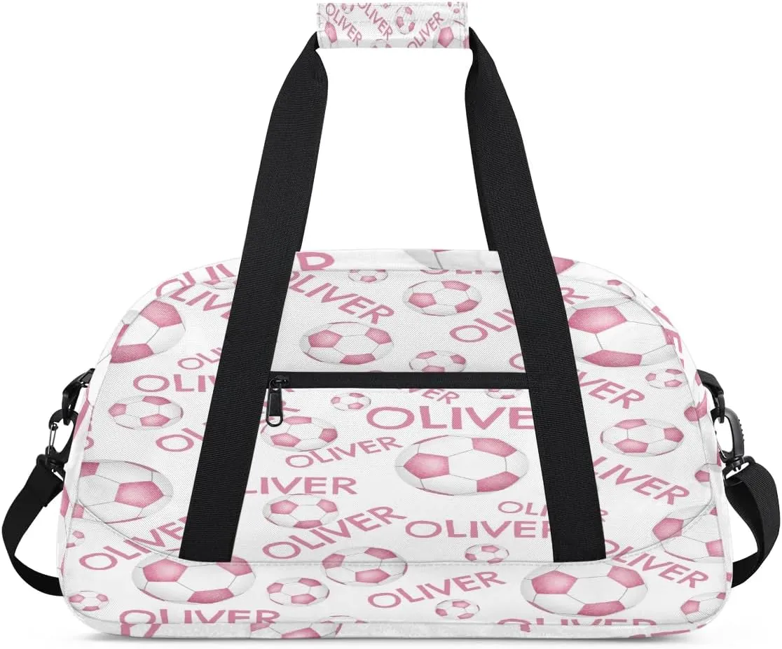 Personalized Kids Gym Bag, Custom Sport Duffel Bag, Dance Bag Weekender Bags Travel Duffel Bag for Boy & Girl Pink White Soccer