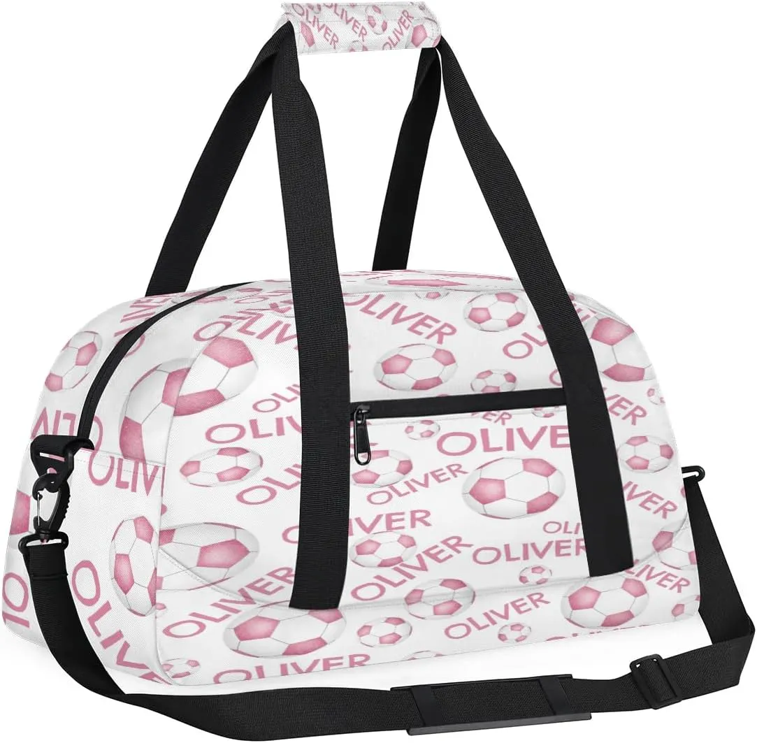 Personalized Kids Gym Bag, Custom Sport Duffel Bag, Dance Bag Weekender Bags Travel Duffel Bag for Boy & Girl Pink White Soccer