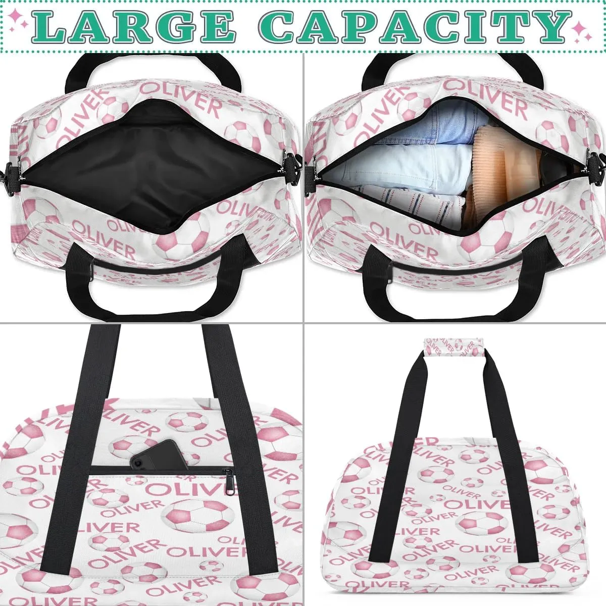 Personalized Kids Gym Bag, Custom Sport Duffel Bag, Dance Bag Weekender Bags Travel Duffel Bag for Boy & Girl Pink White Soccer