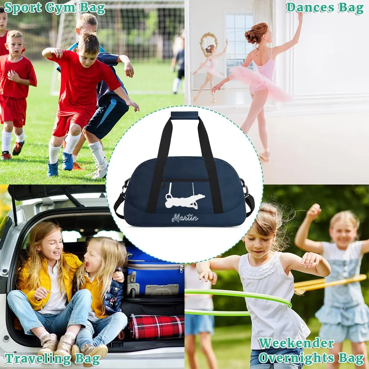 Personalized Kids Gymnastic Bag Black Blue Gymnastic Rings Custom Name Sport Gymnast Duffel Bag for Girls Teens Large Dance Bags Travel Duffel Bag